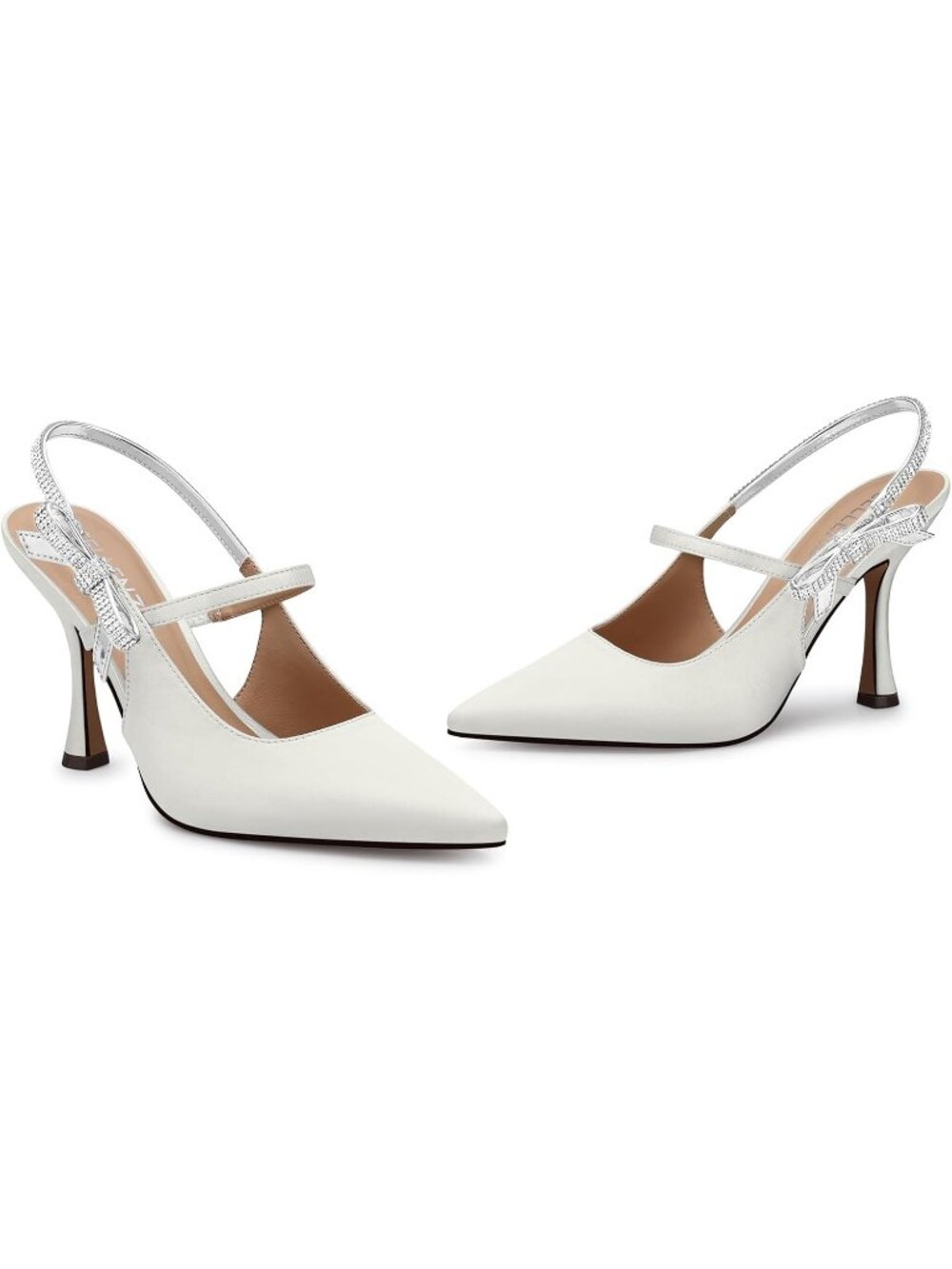 Women's Satin White Ankle Strappy With Rhinestone Bow Party Wear Kitten Heels - Picture 4 of 5